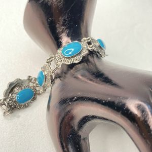 Concha Link Bracelet Blue Enamel Silver Tone Burnished Metal Spring Clasp